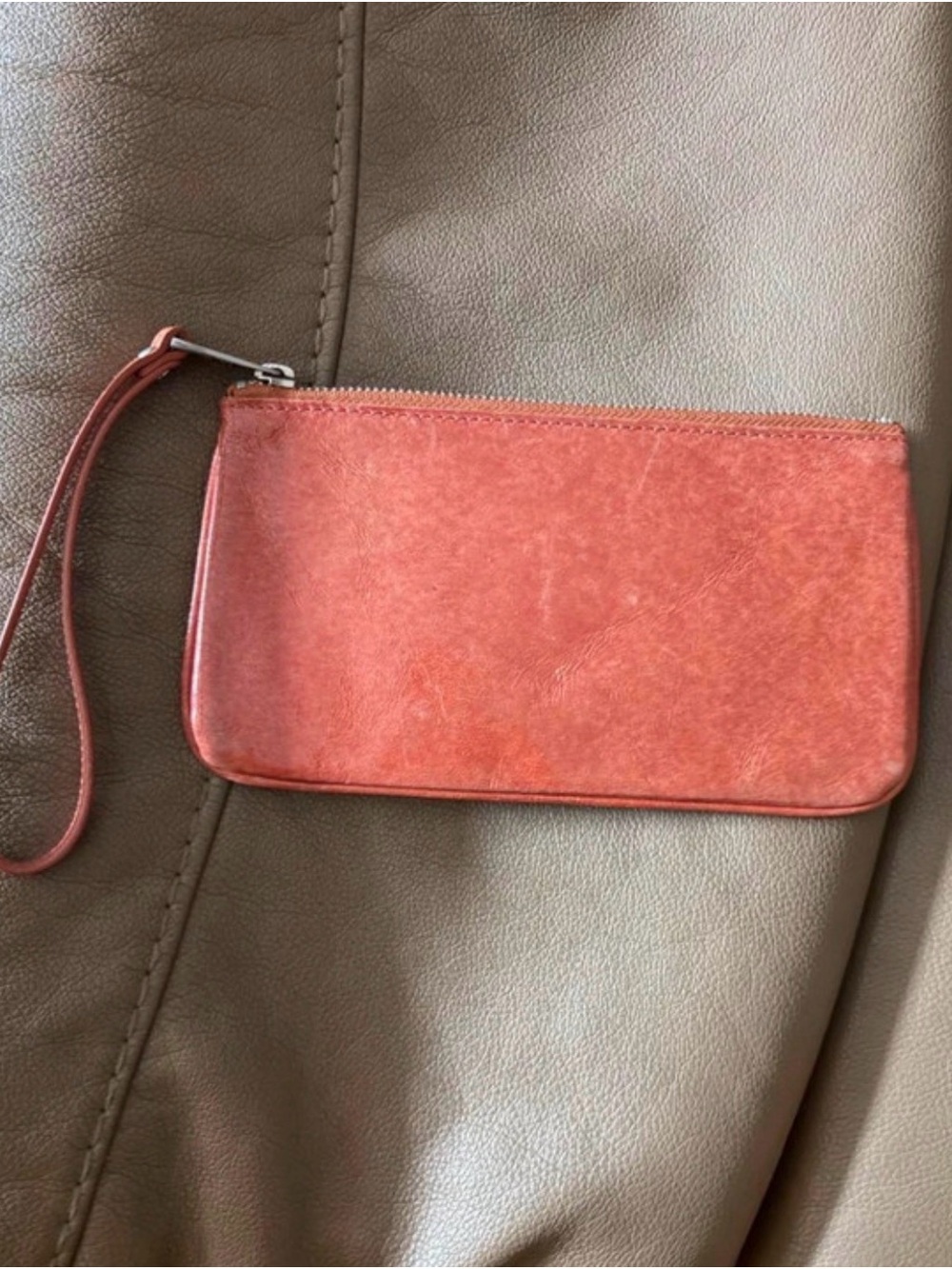 Coral Leather Wristlet Clutch - Women's Zip Wrist Wallet